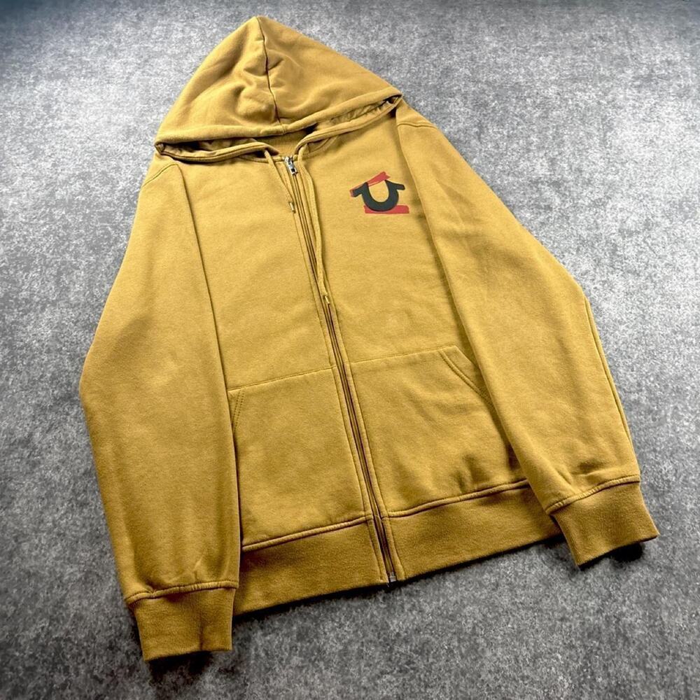 True Religion Men’s XL Tan Buddha Guitar Graphic Zip Up Hoodie Y2K